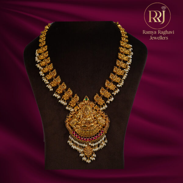 Devetha Long Gold Haram with Peacock Design, Pearl and Green Red Stones