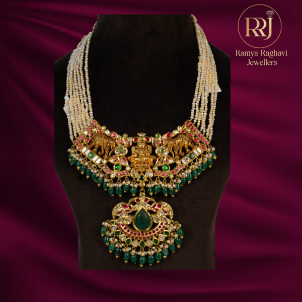 Beaded Long Lakshmi Gold Haram with Rubies, Emeralds and Pearls