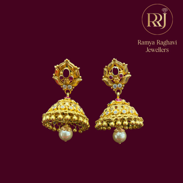 Gold Jhumkas with Stone Design & Pearl
