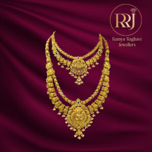 Exquisite Layered Gold Lakshmi Haram Set with Gemstones & Pearls