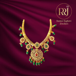 Gold Choker Necklace with Emerald & Ruby Drops