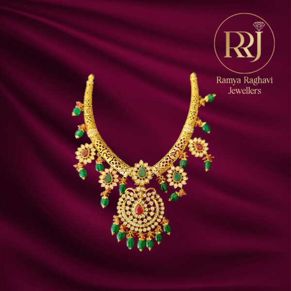 Gold Choker Necklace with Emerald & Ruby Drops