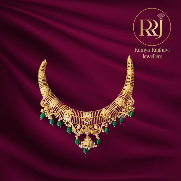 Gold Lattice Choker Necklace with Emeralds & Pearls