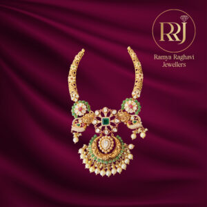 Majestic Gold Peacock Necklace with Emeralds & Pearls