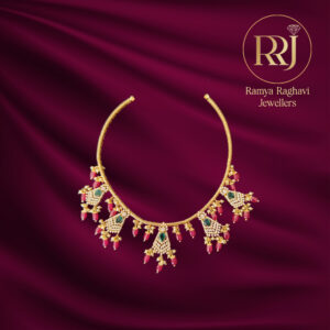 Vibrant Gold Choker Necklace with Ruby & Emerald Drops