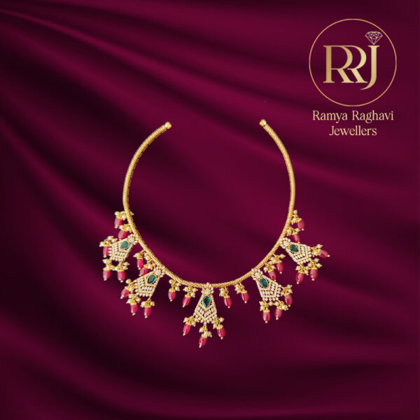 Vibrant Gold Choker Necklace with Ruby & Emerald Drops