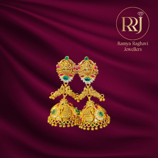 Peacock and Lakshmi Gold Jhumka Earrings